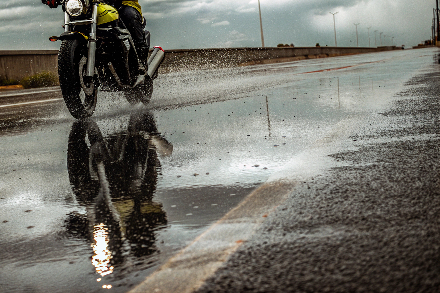 Motorradfahrer bei Regen mit Regenausrüstung