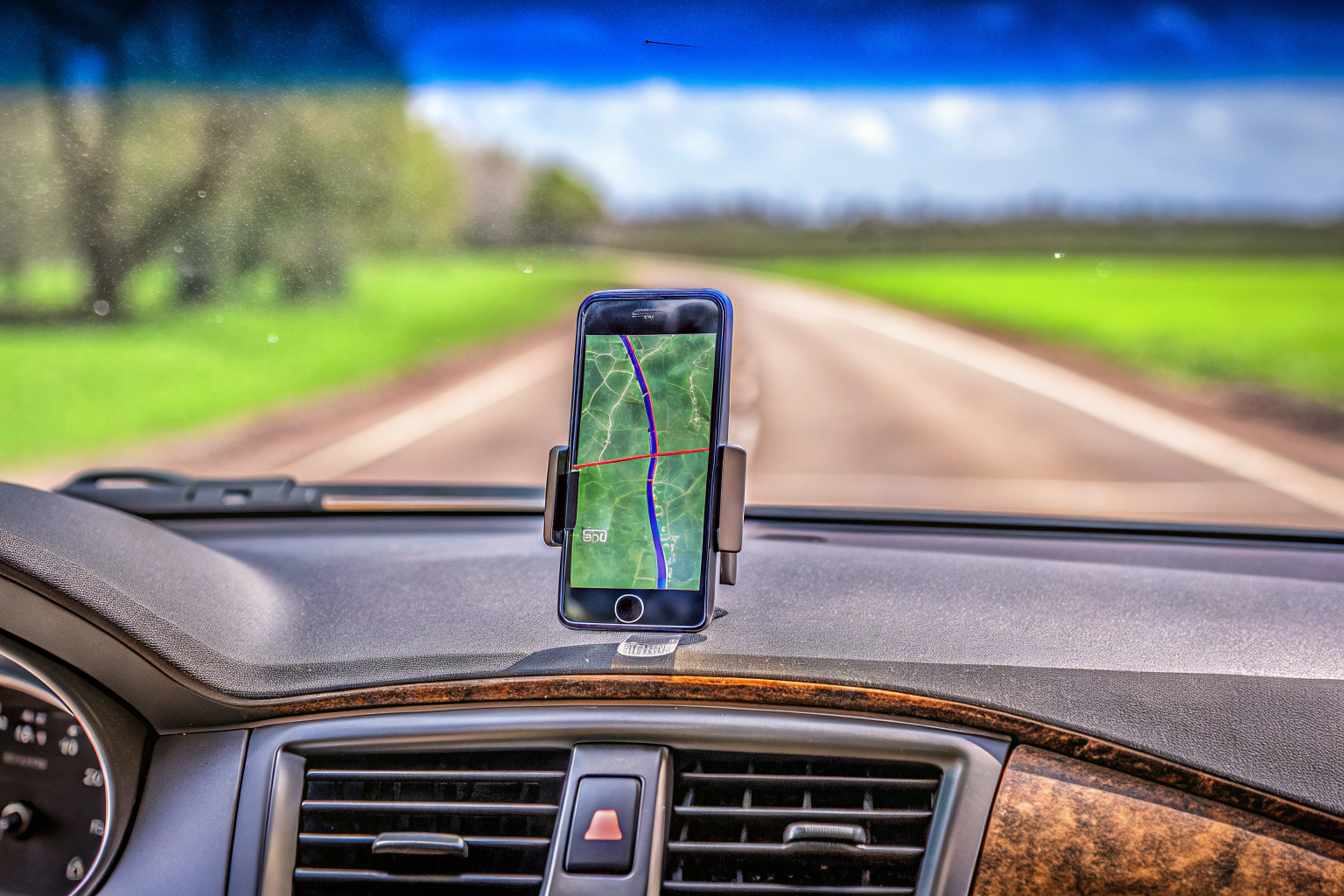 Navigations-App auf Smartphone im Auto